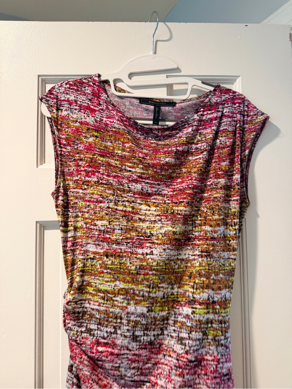 BCBGMaxAzria Multicolor Asymmetrical Cap-Sleeve Dress in Pink and Gold